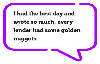Testimonials | Purple speech bubble with attendee testimonial inside