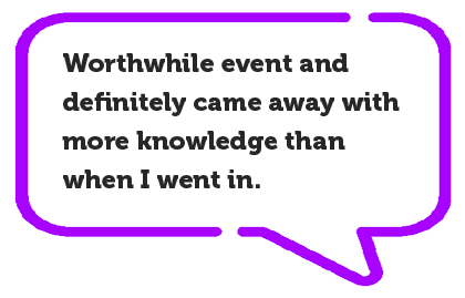 Testimonials | Purple speech bubble with attendee testimonial inside