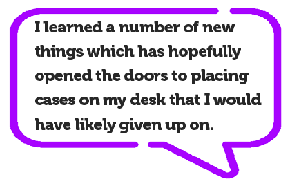 Testimonials | Purple speech bubble with attendee testimonial inside